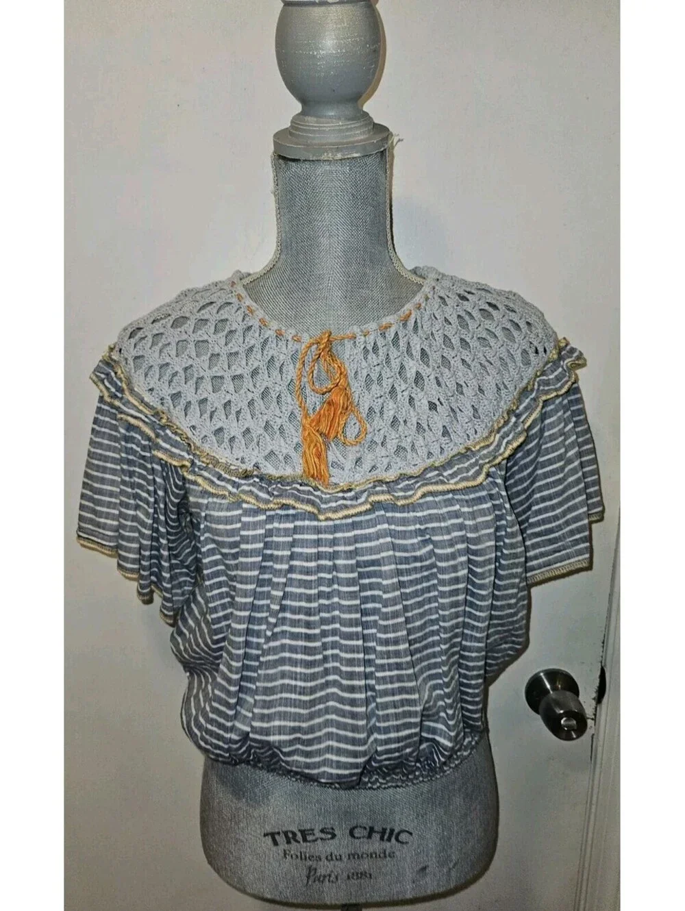 Free People Medium Allora Blue Striped Ruffle Sleeve Crochet Cropped Shirt